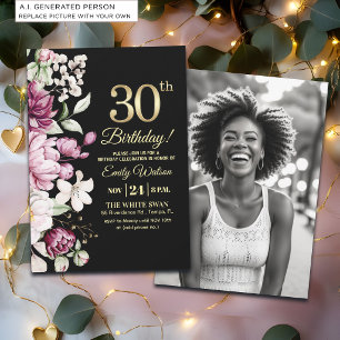 Elegantes Florales Gold 30 Geburtstagsfoto Einladung