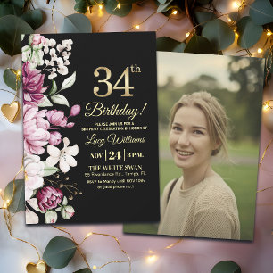 Elegantes Florales Gold 34 Geburtstagsfoto Einladung