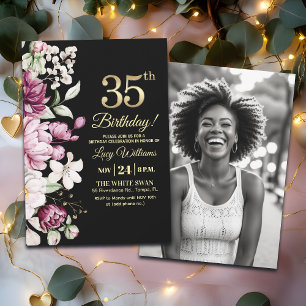 Elegantes Florales Gold 35 Geburtstagsfoto Einladung