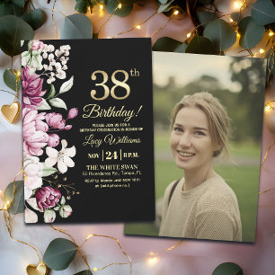 Elegantes Florales Gold 38 Geburtstagsfoto Einladung