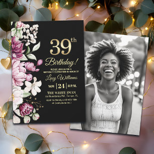 Elegantes Florales Gold 39 Geburtstagsfoto Einladung