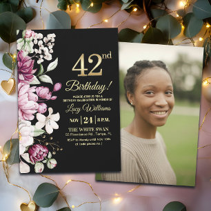 Elegantes Florales Gold 42 Geburtstagsfoto Einladung