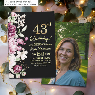 Elegantes Florales Gold 43 Geburtstagsfoto Einladung