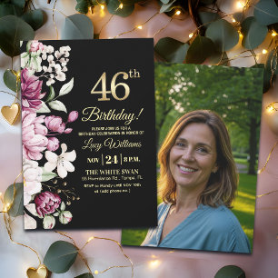 Elegantes Florales Gold 46 Geburtstagsfoto Einladung