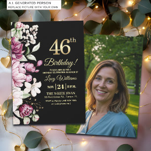 Elegantes Florales Gold 46 Geburtstagsfoto Einladung