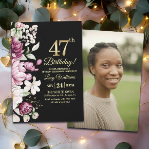 Elegantes Florales Gold 47 Geburtstagsfoto Einladung