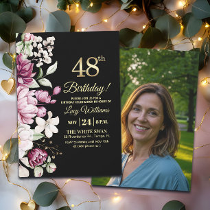 Elegantes Florales Gold 48 Geburtstagsfoto Einladung