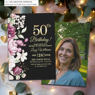 Elegantes Florales Gold 50 Geburtstagsfoto Einladung