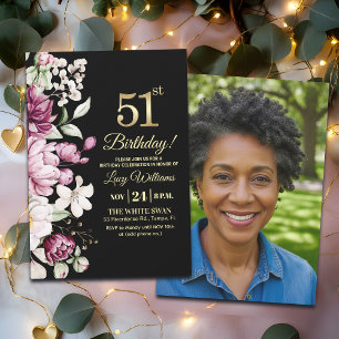 Elegantes Florales Gold 51 Geburtstagsfoto Einladung