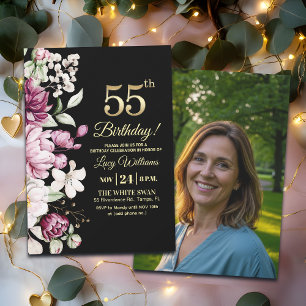 Elegantes Florales Gold 55 Geburtstagsfoto Einladung