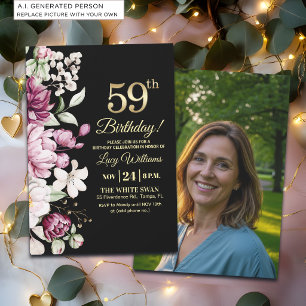 Elegantes Florales Gold 59 Geburtstagsfoto Einladung