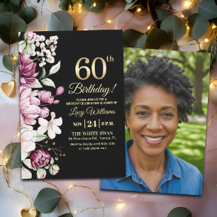 Elegantes Florales Gold 60 Geburtstagsfoto Einladung