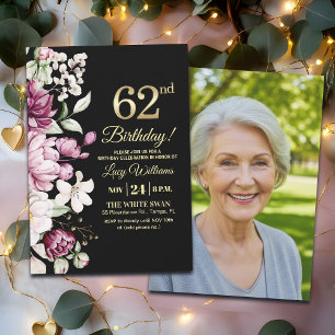 Elegantes Florales Gold 62 Geburtstagsfoto Einladung