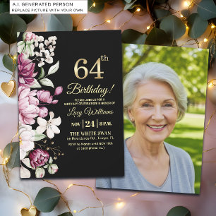 Elegantes Florales Gold 64 Geburtstagsfoto Einladung