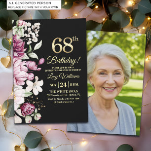 Elegantes Florales Gold 68 Geburtstagsfoto Einladung