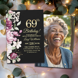 Elegantes Florales Gold 69 Geburtstagsfoto Einladung