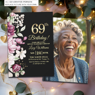 Elegantes Florales Gold 69 Geburtstagsfoto Einladung