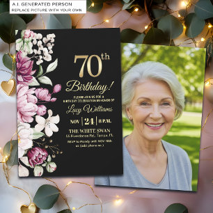 Elegantes florales Gold 70 Geburtstagsfoto Einladung