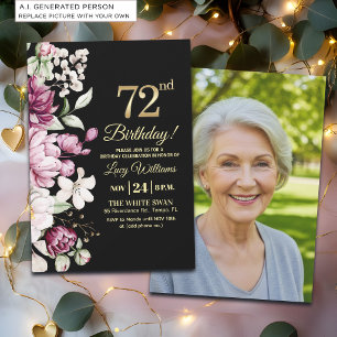 Elegantes Florales Gold 72 Geburtstagsfoto Einladung