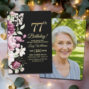 Elegantes Florales Gold 77 Geburtstagsfoto Einladung