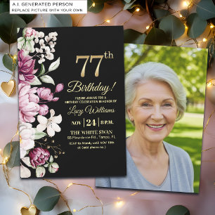 Elegantes Florales Gold 77 Geburtstagsfoto Einladung
