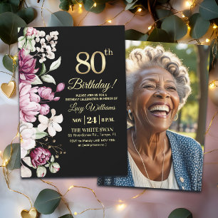 Elegantes Florales Gold 80 Geburtstagsfoto Einladung