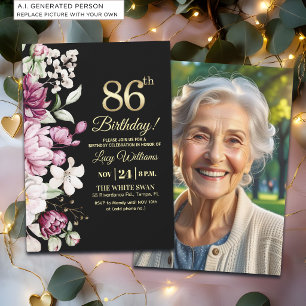 Elegantes Florales Gold 86 Geburtstagsfoto Einladung