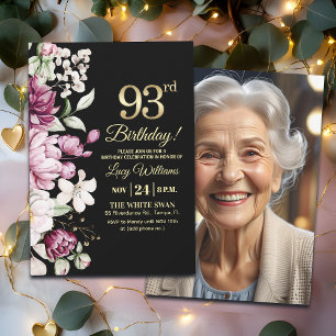 Elegantes Florales Gold 93 Geburtstagsfoto Einladung
