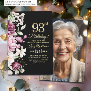 Elegantes Florales Gold 93 Geburtstagsfoto Einladung