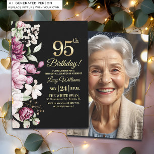 Elegantes Florales Gold 95 Geburtstagsfoto Einladung