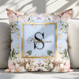 Elegantes florales Gold Rahmen Monogram Light Blue Kissen