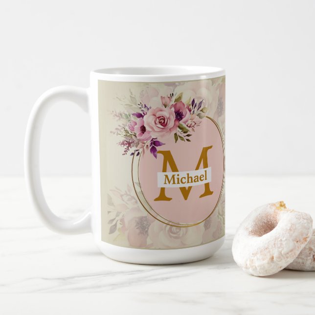 Elegantes florales goldenes Monogramm | Name & Ini Kaffeetasse (Mit Donut)