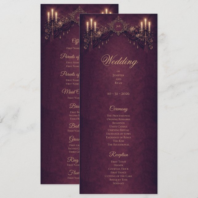 Elegantes florales gotisches Halloween-Hochzeitspr Menükarte (Vorne/Hinten)