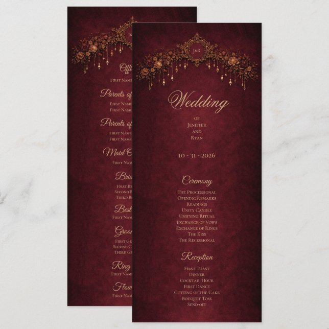 Elegantes florales gotisches Halloween-Hochzeitspr Menükarte (Vorne/Hinten)