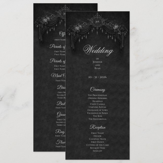 Elegantes florales gotisches Halloween-Hochzeitspr Menükarte (Vorne/Hinten)