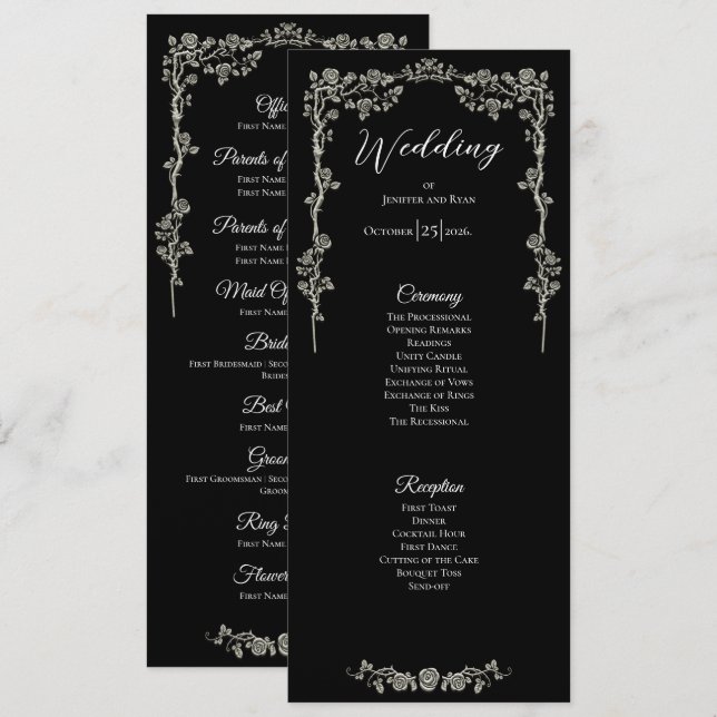 Elegantes florales gotisches Hochzeitsprogramm Menükarte (Vorne/Hinten)