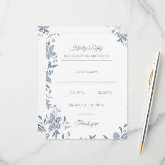 Elegantes Florales in Staubblau Anwesenheit RSVP Karte