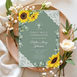Elegantes florales Kreuz Erste heilige Kommunion Einladung
