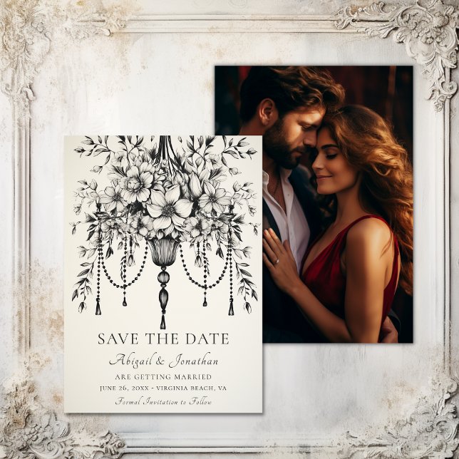 Elegantes, florales Kronleuchter-Foto Hochzeit Save The Date (Elegant Floral Chandelier Photo Wedding Save The Date)