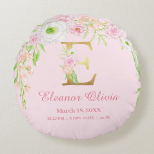 Elegantes florales Monogramm Baby-Statistiken Rundes Kissen