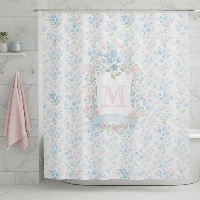 Elegantes florales Monogramm Duschvorhang (elegant vintage grandmillennial pastel pink and blue flowers shower curtain with custom initial)