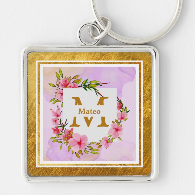 Elegantes florales Monogramm I Name & Initiale Schlüsselanhänger (Vorne)