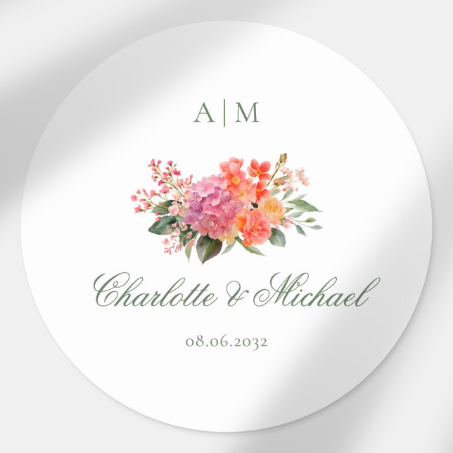 Elegantes florales Monogramm-Skript Hochzeit Runder Aufkleber (Elegant Floral Monogram Script Wedding Classic Round Sticker)
