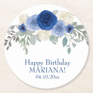 Elegantes Florales Navy Blaues Florales Geburtstag Runder Pappuntersetzer