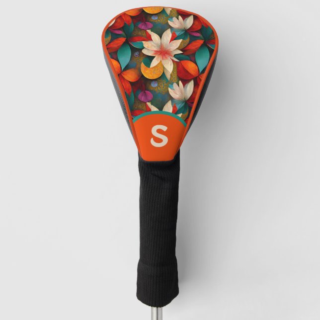 Elegantes florales Orange, Aquamarin & Cream Monog Golf Headcover (Vorderseite)