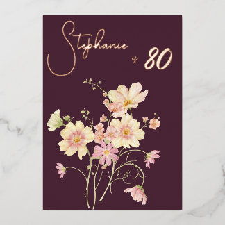 Elegantes Florales Pflaumen-Rosé 80. Geburtstag Ro Folieneinladung