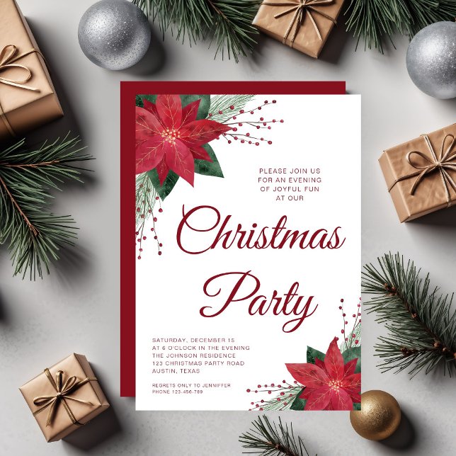 Elegantes florales Poinsettia Weihnachtsfest Party Einladung (Elegant Floral Poinsettia Christmas Party Invitation)