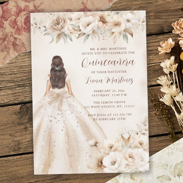 Elegantes Florales Quinceañera-Wasserfarben-Ballkl Einladung (Rustic Elegant Floral Personalized Quinceañera Watercolor Ballgown Invitation)