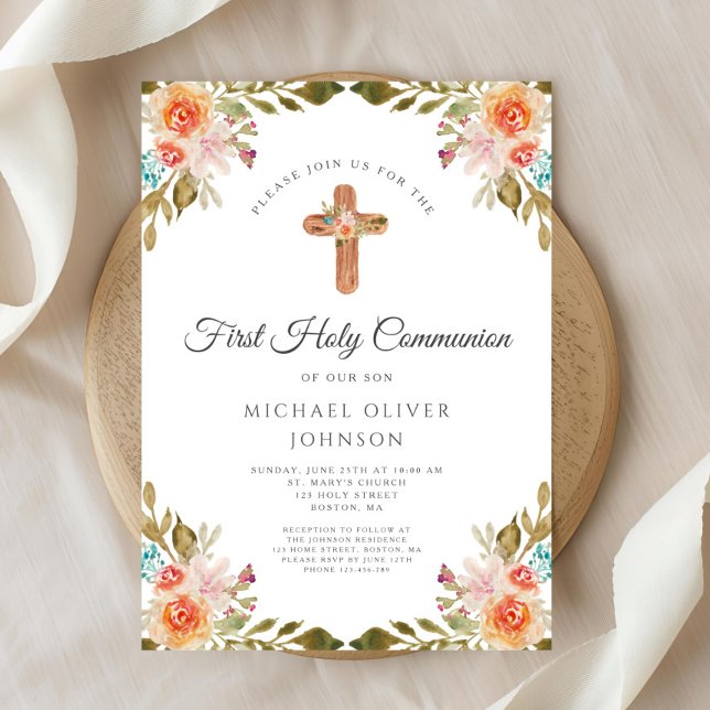 Elegantes florales religiöses Kreuz Einladung (Elegant Floral Religious Cross First Communion Invitation)