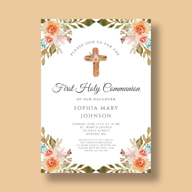 Elegantes florales religiöses Kreuz Einladung (Elegant Floral Religious Cross First Communion Invitation)